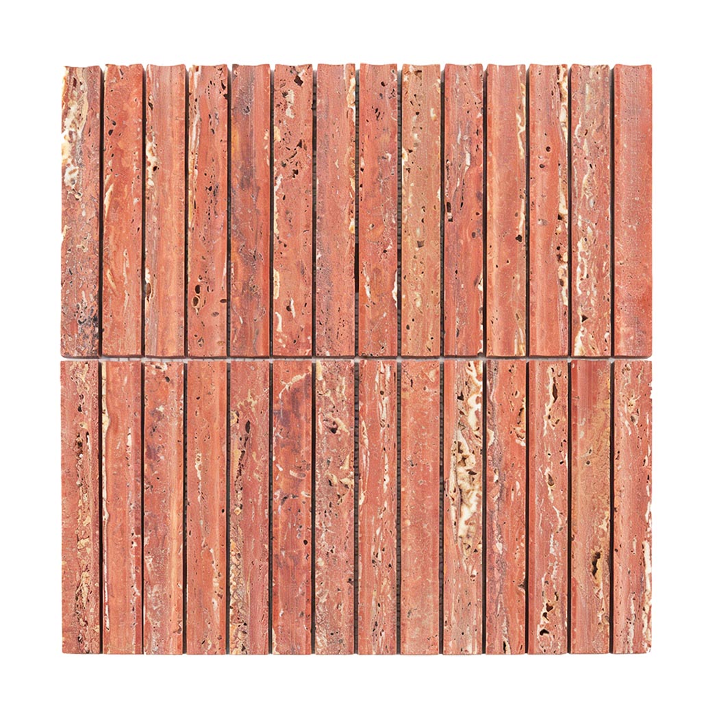 Full sheet of red travertine linear mosaic tile with narrow rectangular strips