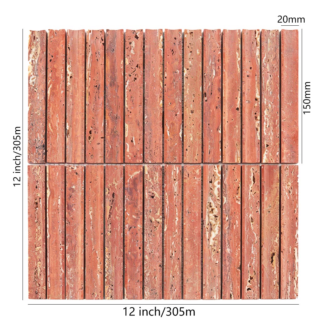 Red travertine linear mosaic tile sheet with 20mm by 150mm strip size marks