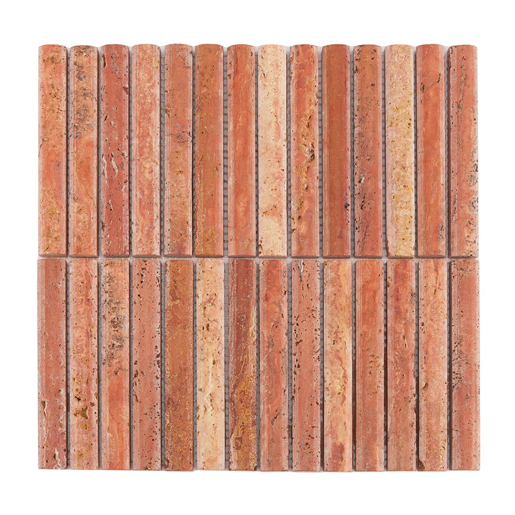 Flat top-down view of a mesh-mounted red travertine linear mosaic tile sheet.