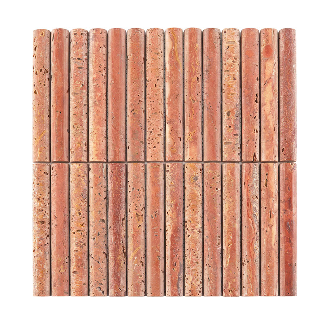 Front view of red travertine rod mosaic tile with rounded vertical strips
