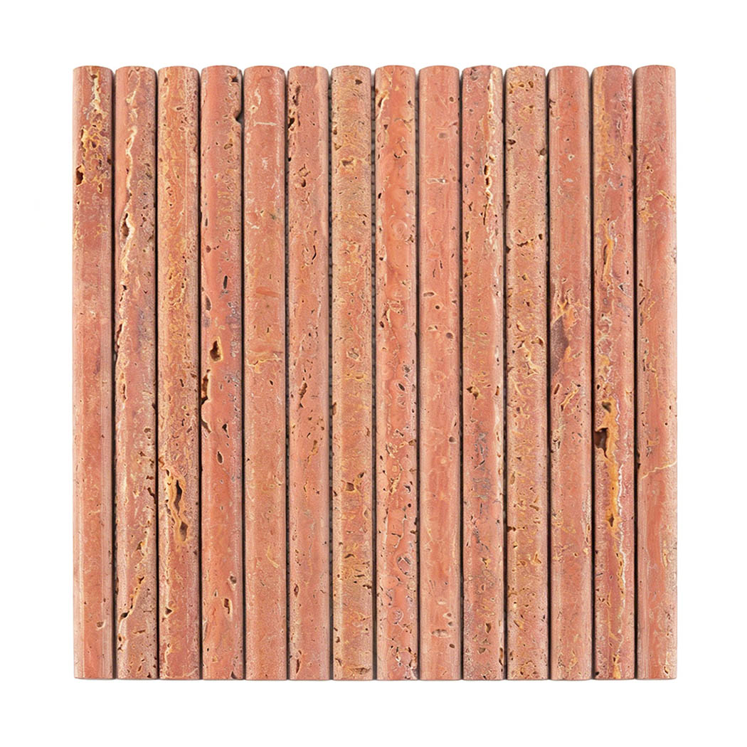 Front view of red travertine rounded bar mosaic tile with vertical linear design