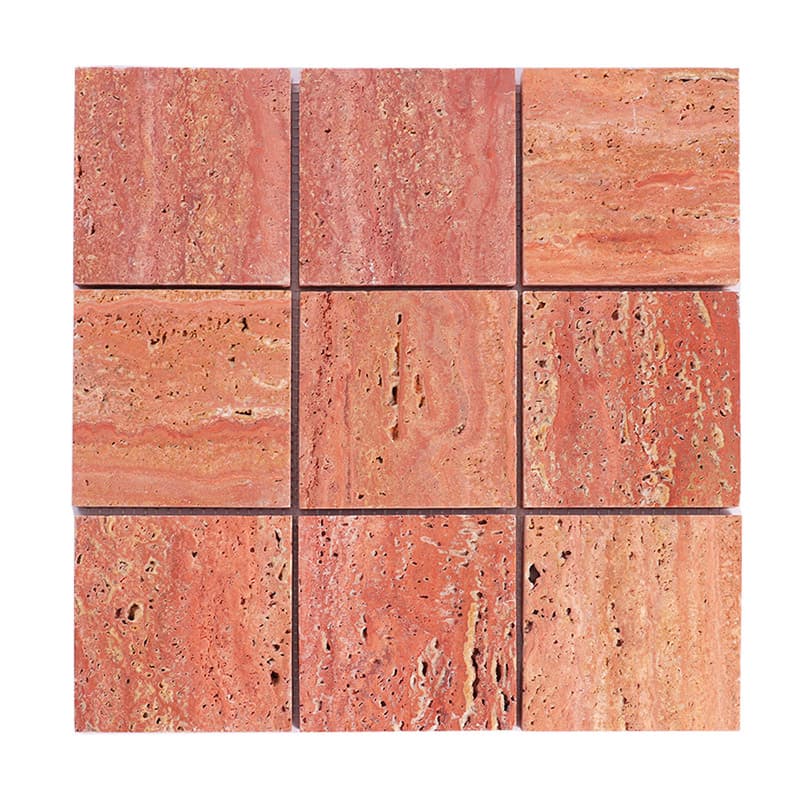 Square sheet of red travertine stone mosaic tiles