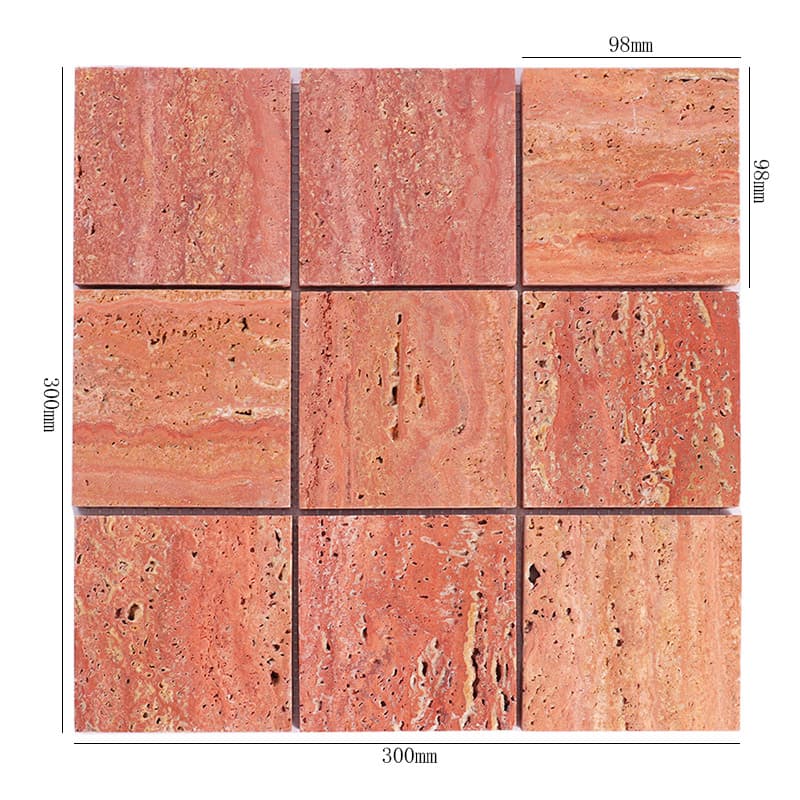 Red travertine square mosaic tile sheet with measurement dimensions