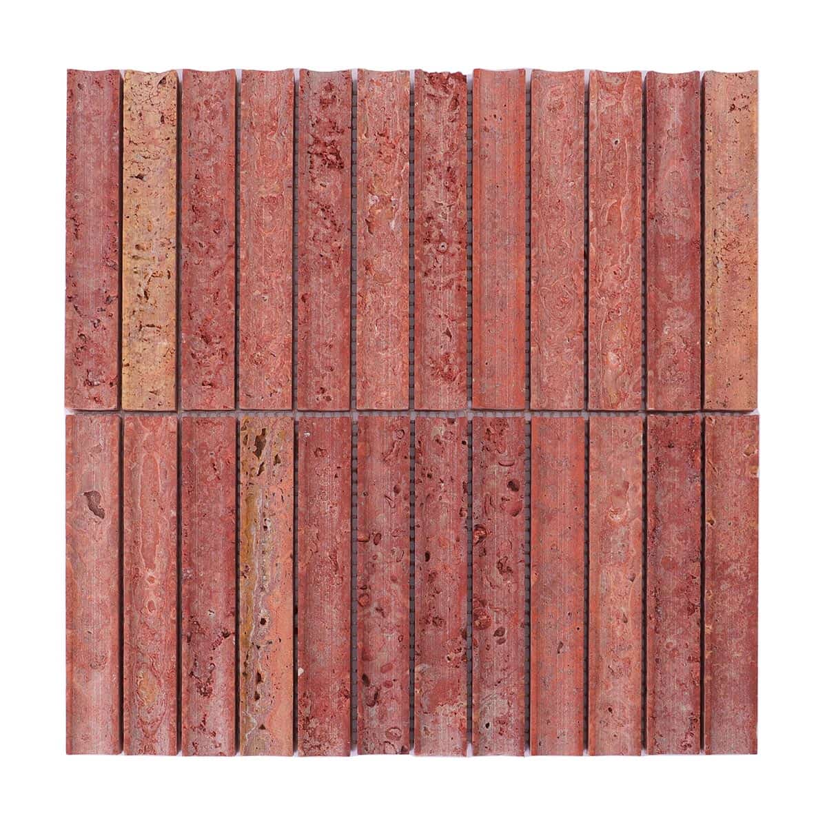 Front view of red travertine stick mosaic tile sheet