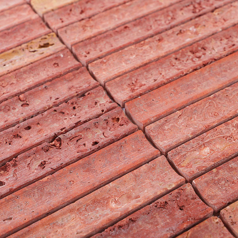 Red Travertine Tiles featuring a kitkat shape and vibrant natural stone texture.