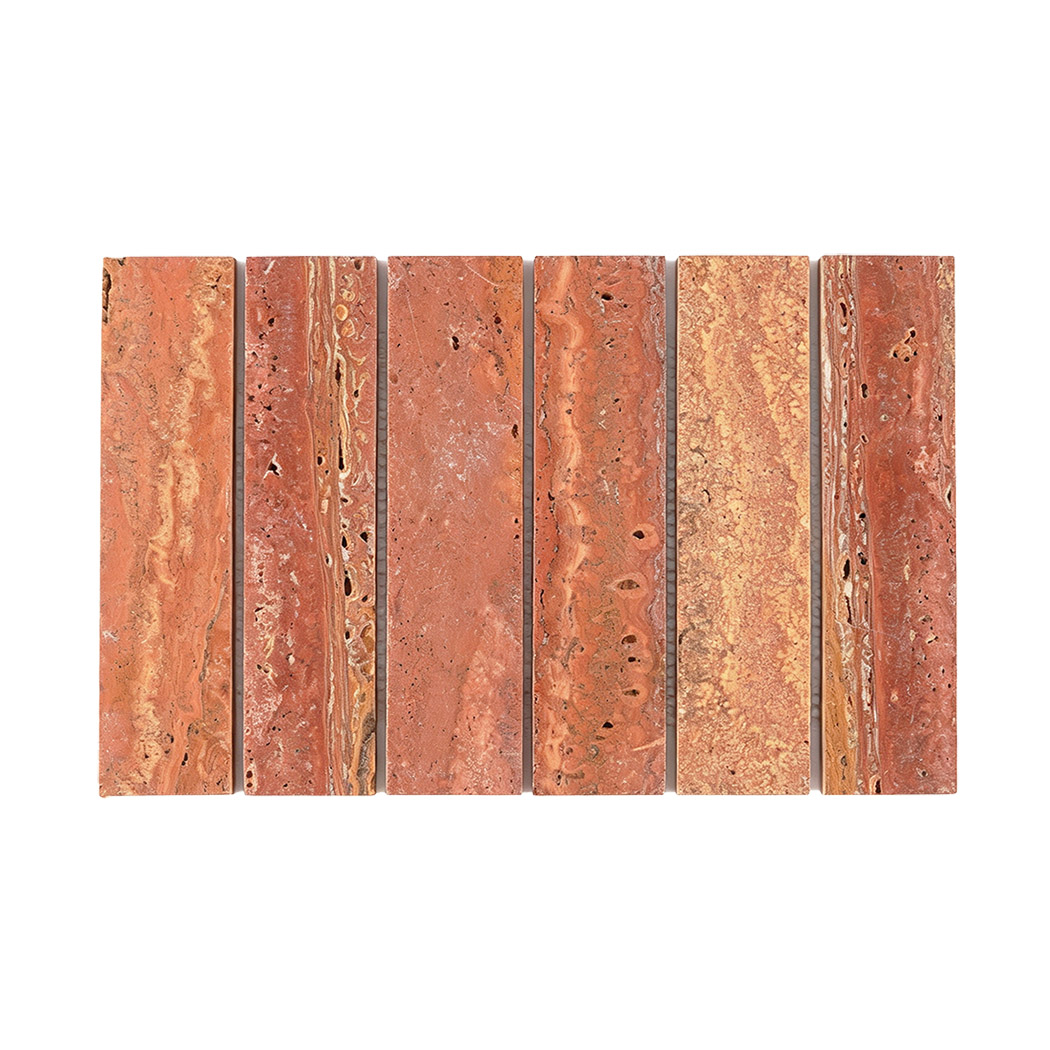 Red vertical travertine strip mosaic with warm tones and natural variations