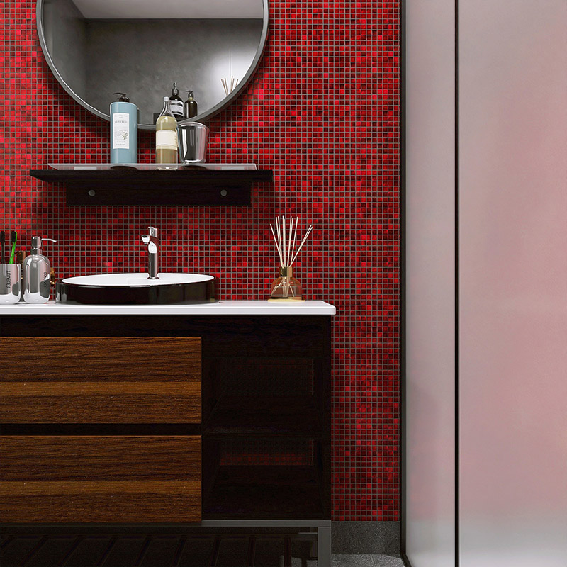 Iridescent Red Wall Tiles in a square mosaic pattern for a luxury bathroom accent.