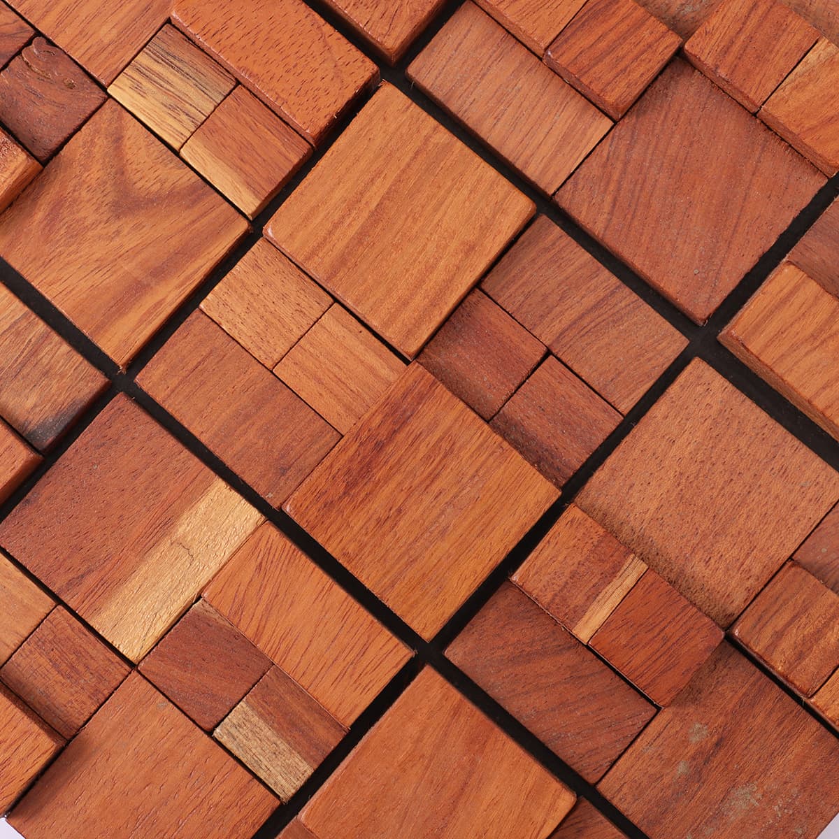 Angled layout of redwood mosaic with grid joints