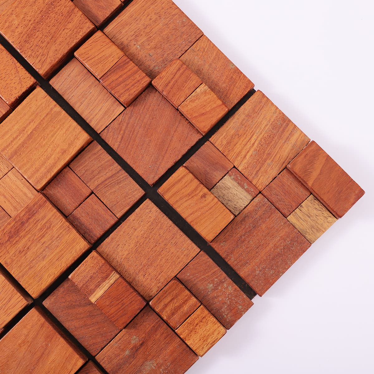 Corner view of wood mosaic tile with alternating square sizes