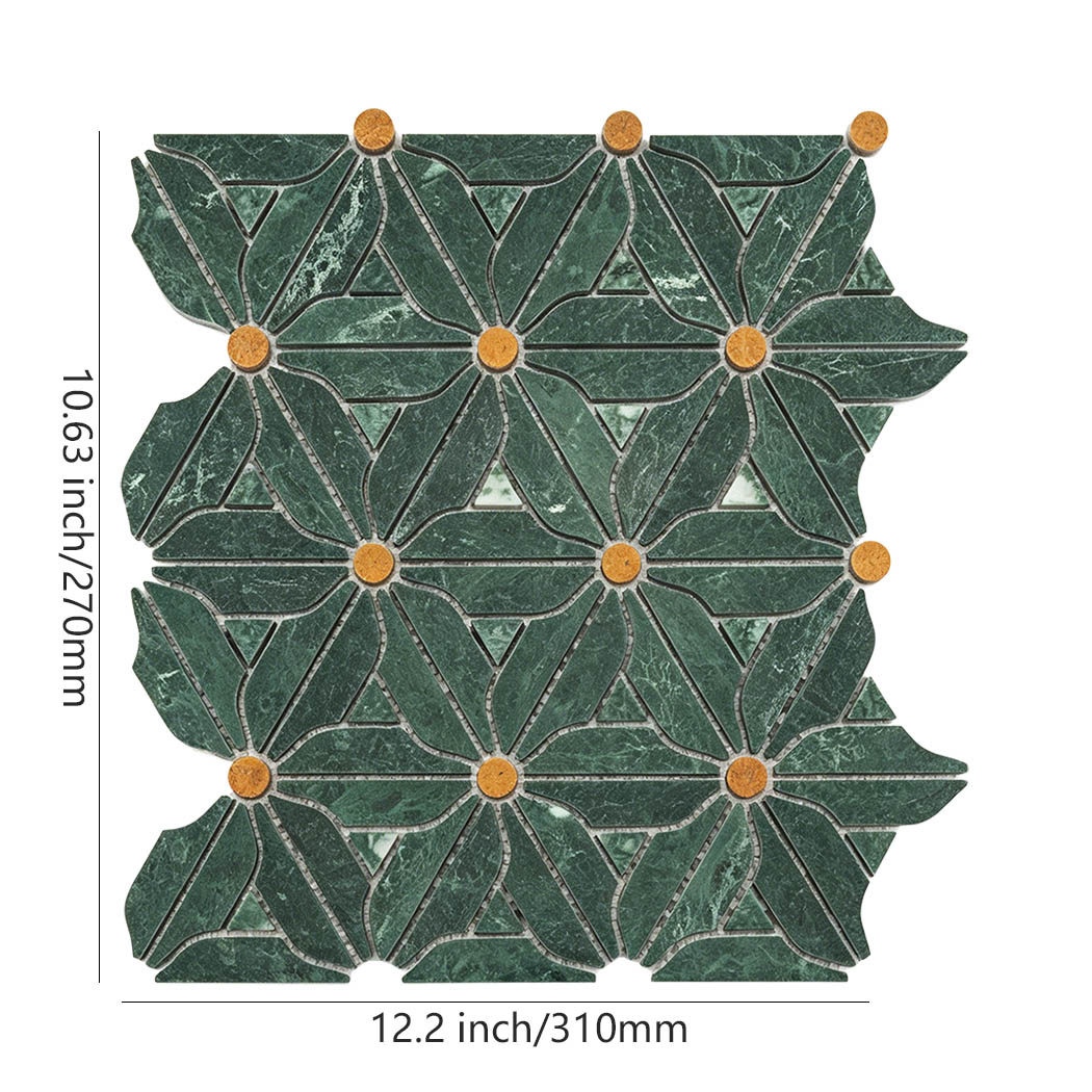 Green marble floral mosaic tile with golden round accents in 310mm dimensions