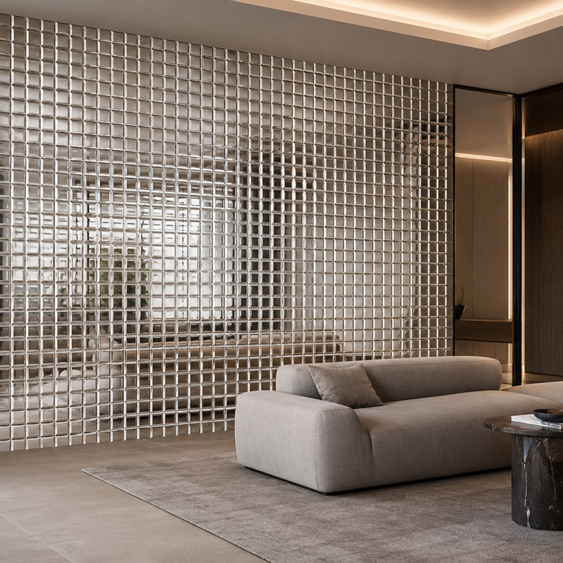 Reflective modern wall tiles creating a luxurious feature wall behind a gray sofa