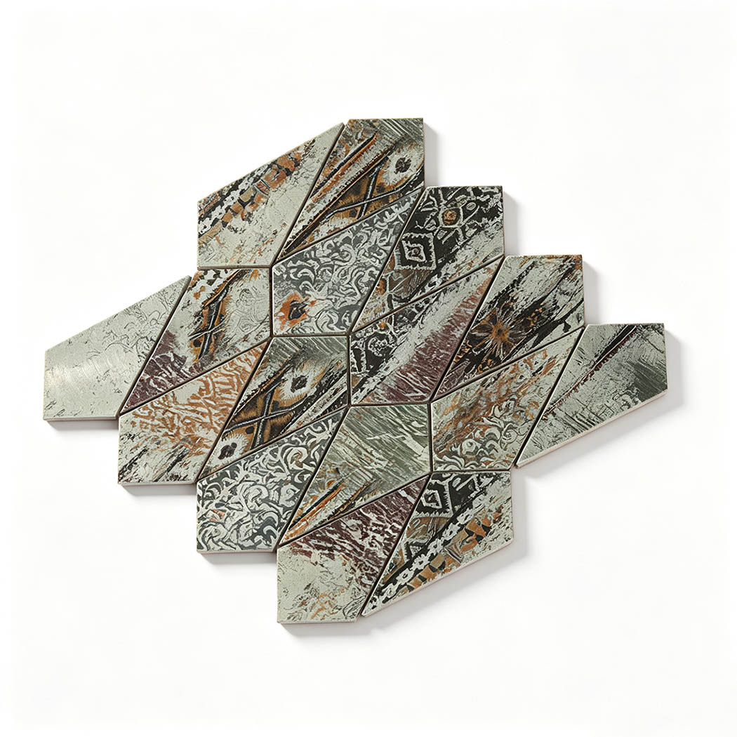 Angled view of a retro diamond shaped grey mosaic tile sheet