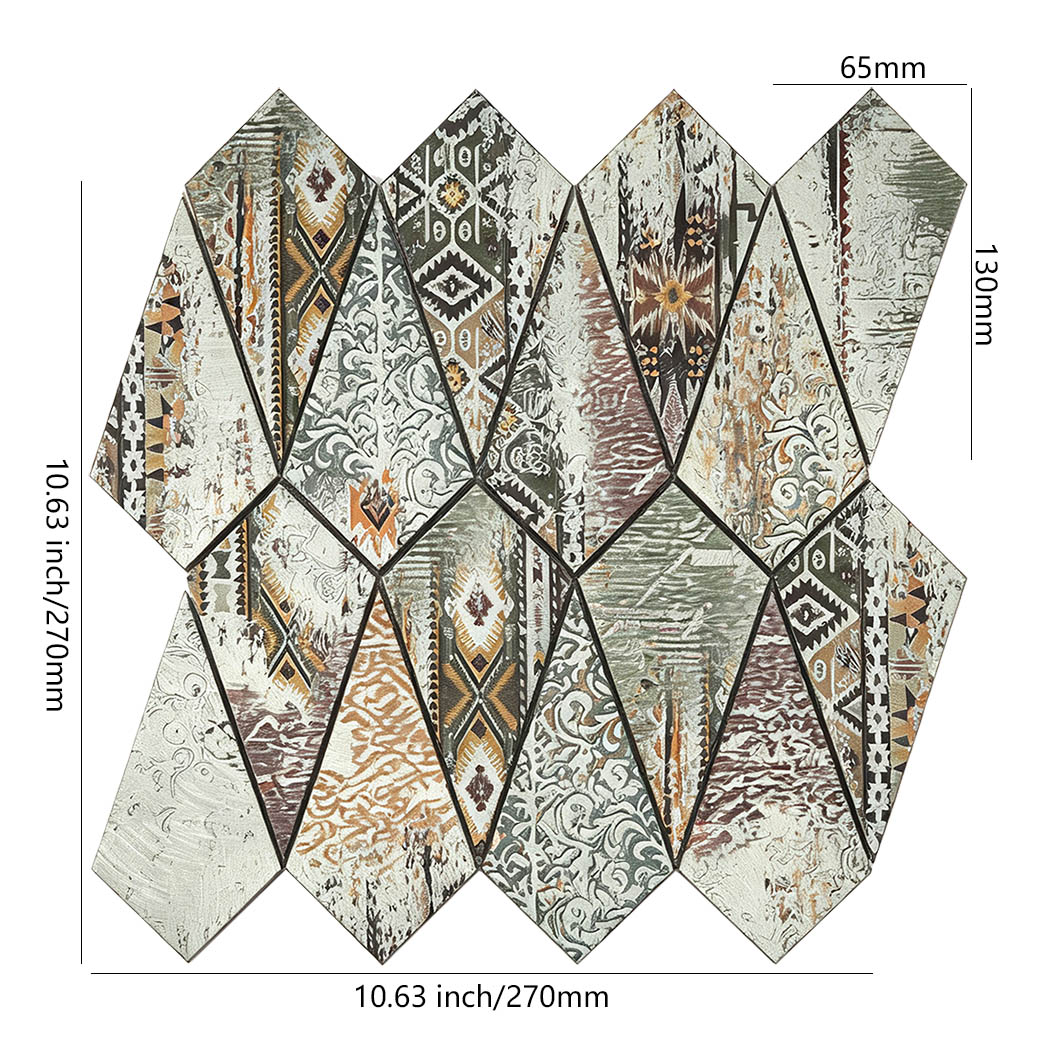Grey retro diamond shaped mosaic tile sheet with decorative patterns and dimensions