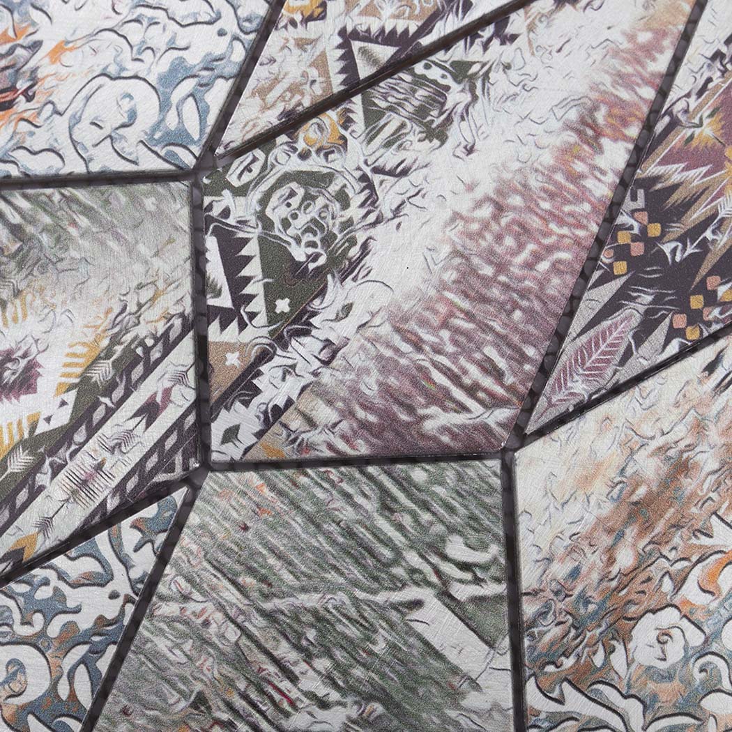 Detailed view of retro grey mosaic tile patterns in an irregular diamond layout