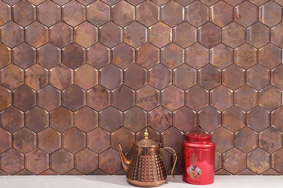 Retro kitchen tiles in copper hexagon pattern creating a warm vintage wall style