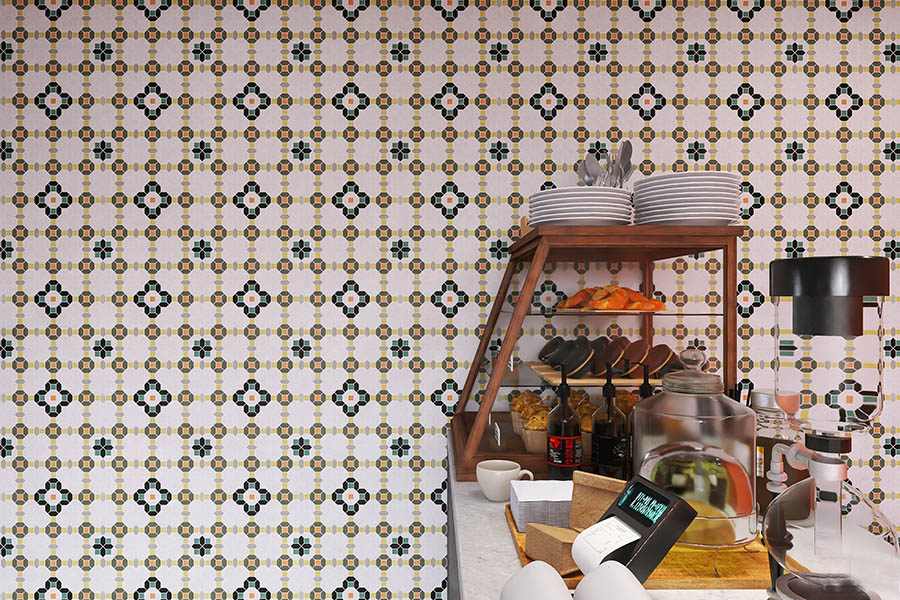 Full view of retro patterned mosaic tile wall in a cafe setting