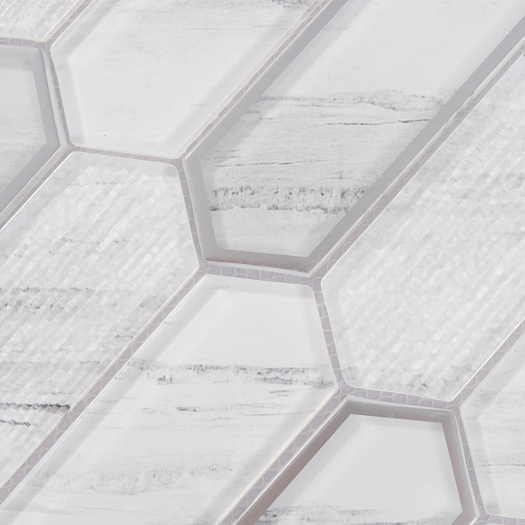 White picket glass tile surface with ribbed texture, gray veins, and silver borders