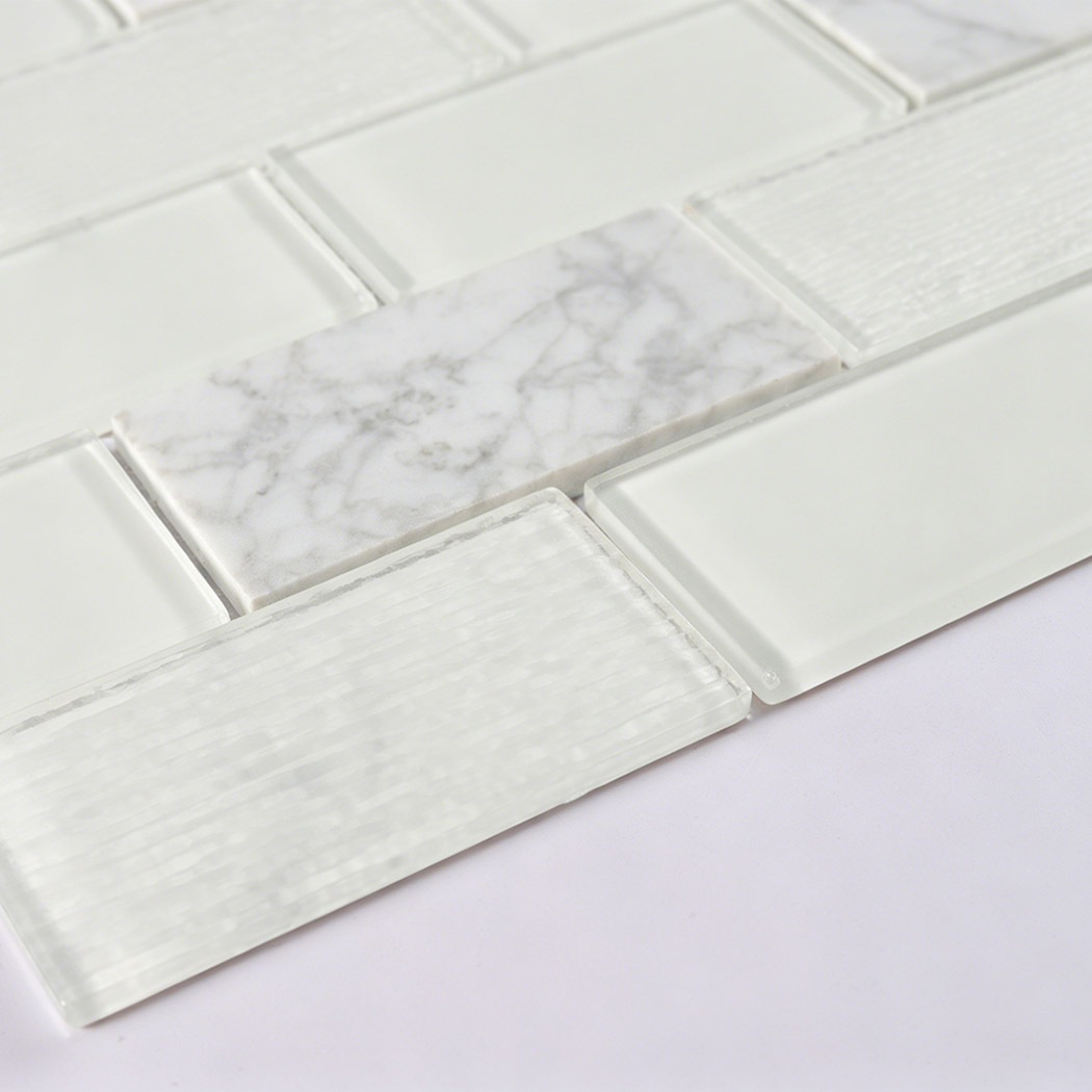 White marble and ribbed glass subway mosaic with beveled edges