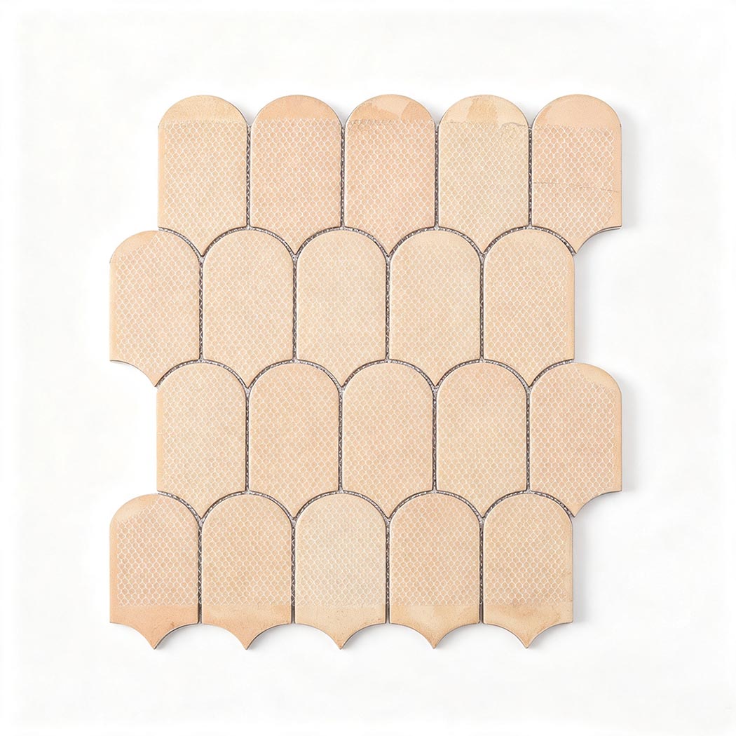 Back view showing fiberglass mesh on rich green gold fish scale tile