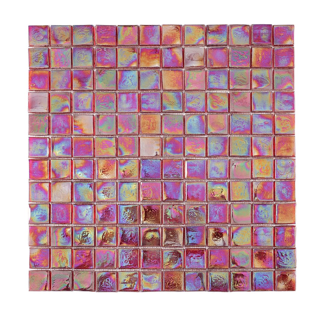 Front view of iridescent square glass mosaic tile sheet on white background