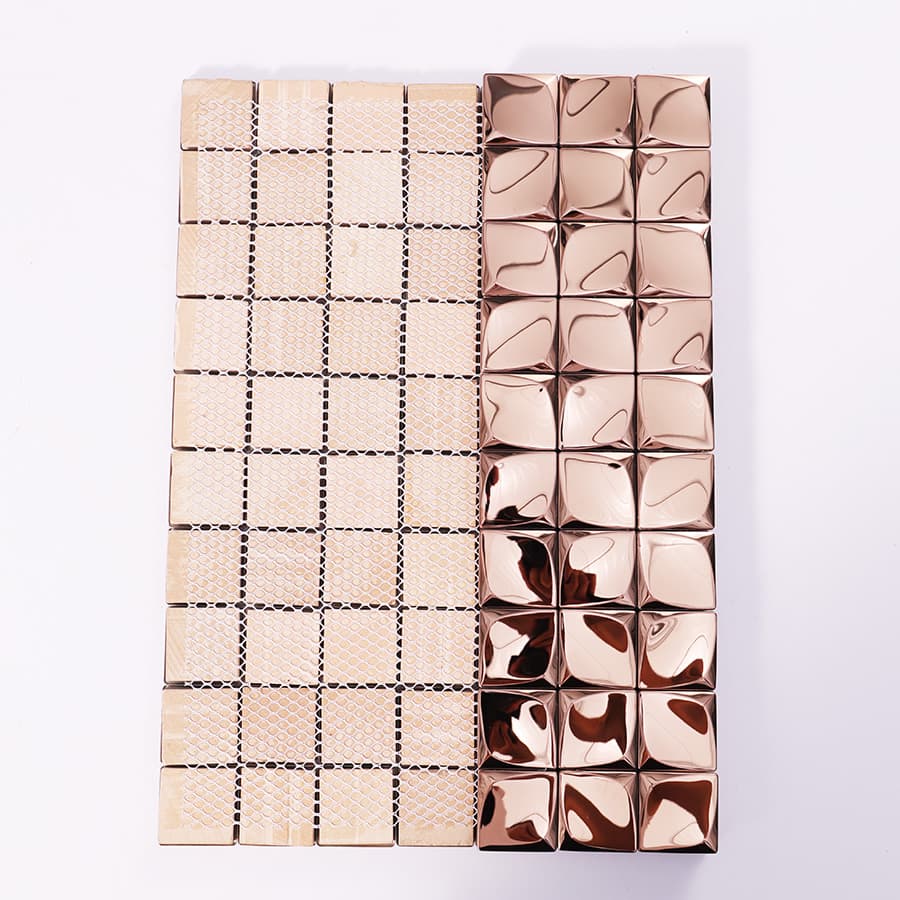 Back and front view of rose gold 3D mini square tile with mesh