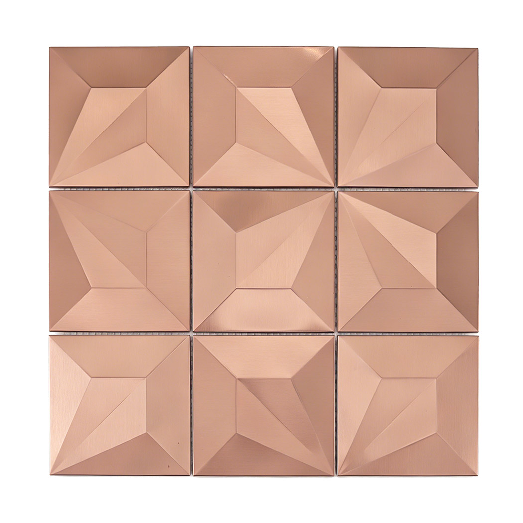 Front view of rose gold 3D pyramid square metal mosaic tile sheet