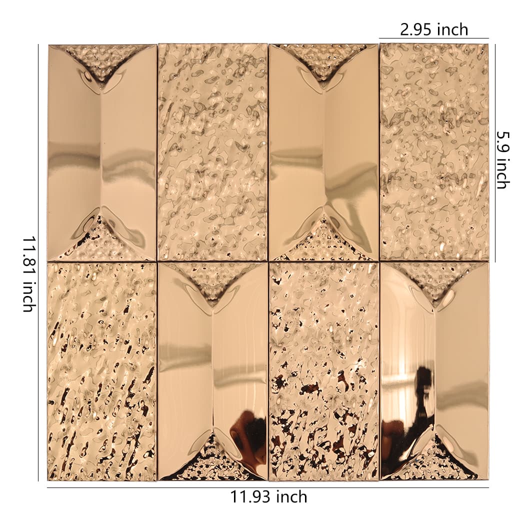 Dimensions of rose gold 3d rectangle mosaic tile sheet 11.81 by 11.93 inches.