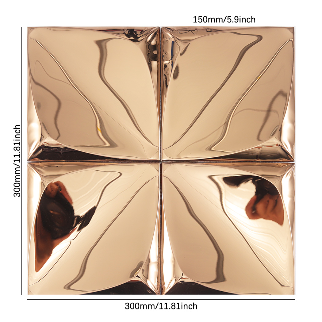 Rose gold 3D wall tiles with dimensions showing a 300mm total width and 150mm individual tile size.