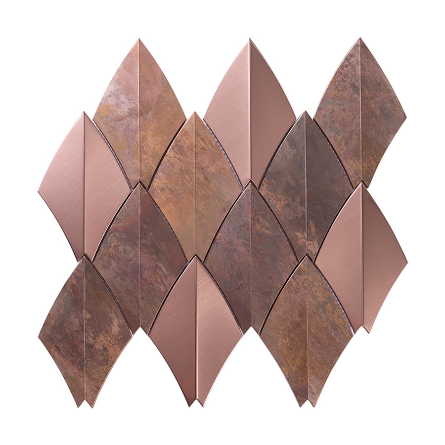 Front view of 3D rose gold and antique copper stainless steel diamond metal mosaic 