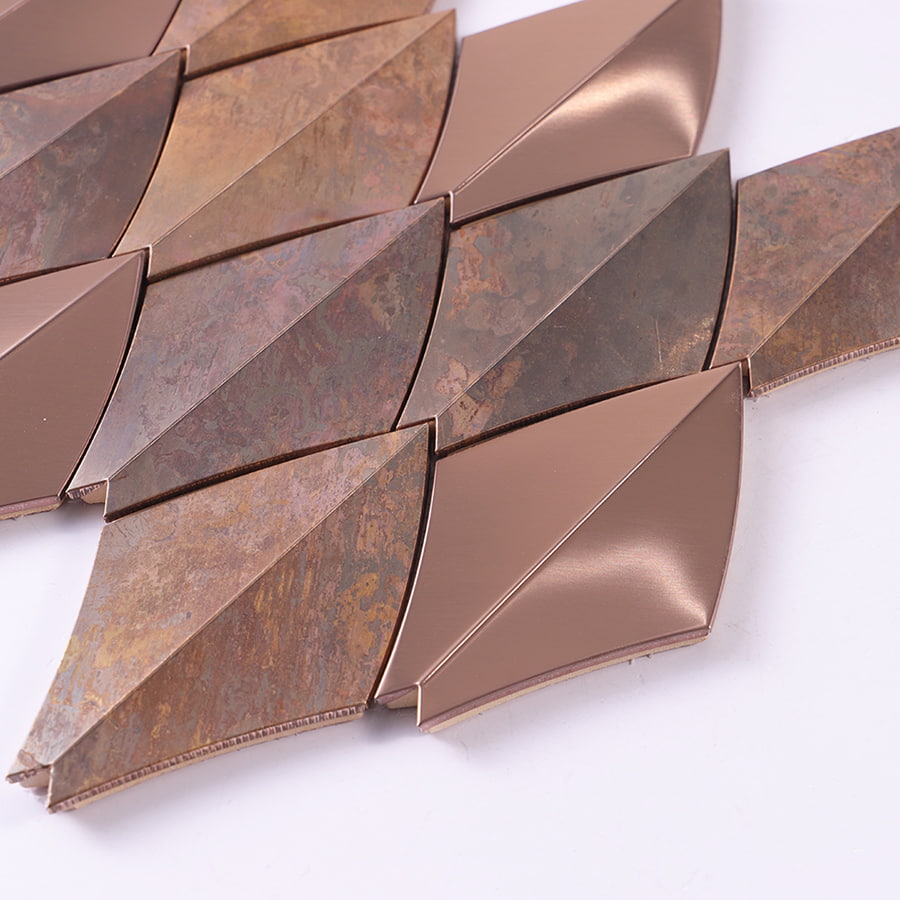 Side view of rose gold and antique copper stainless steel diamond mosaic 