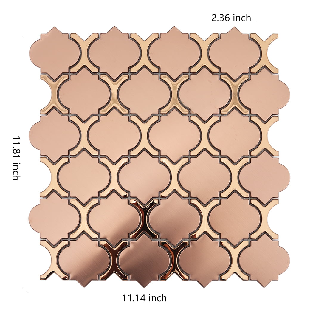 Rose gold arabesque mosaic tile sheet with 11.81 by 11.14 inch dimensions.