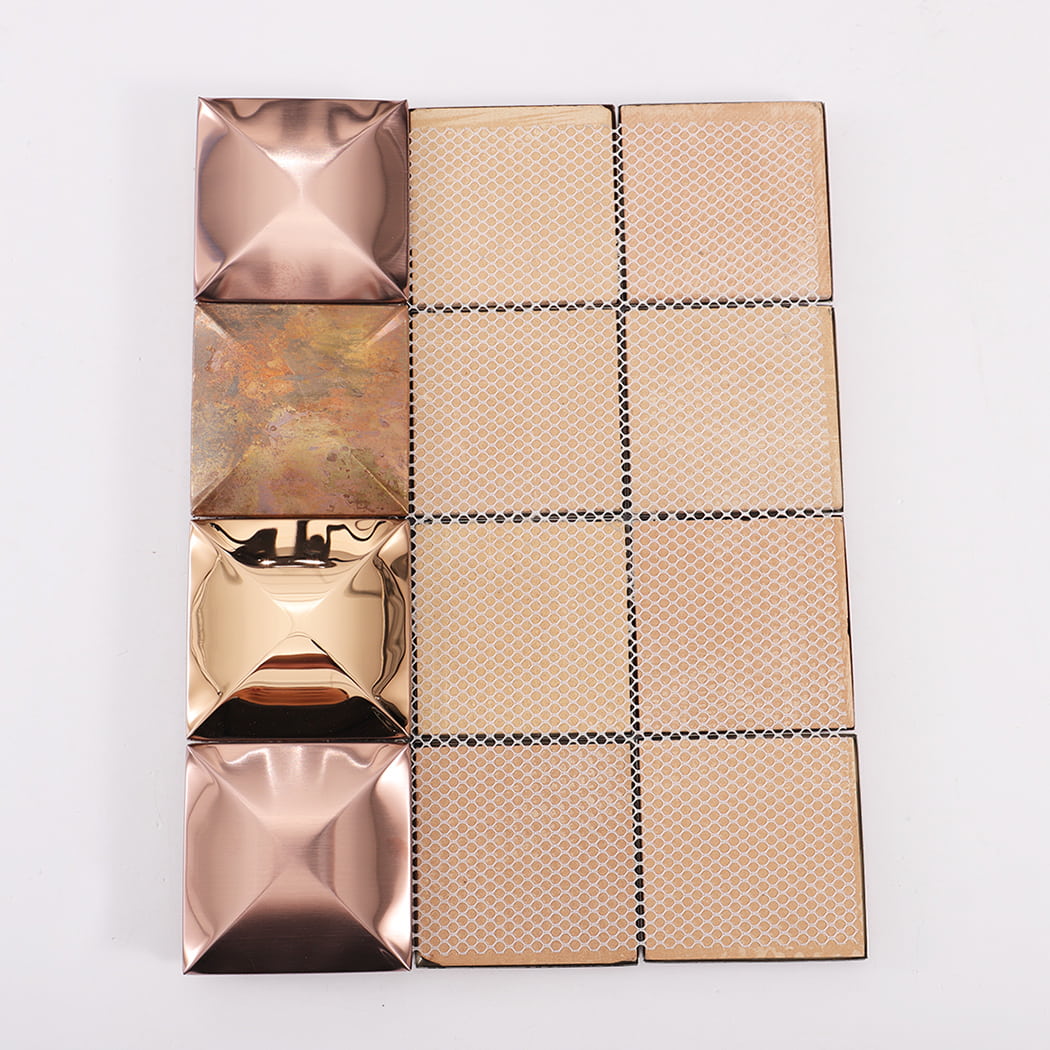 Back mesh view of rose gold and copper 3D metal mosaic tile sheet.