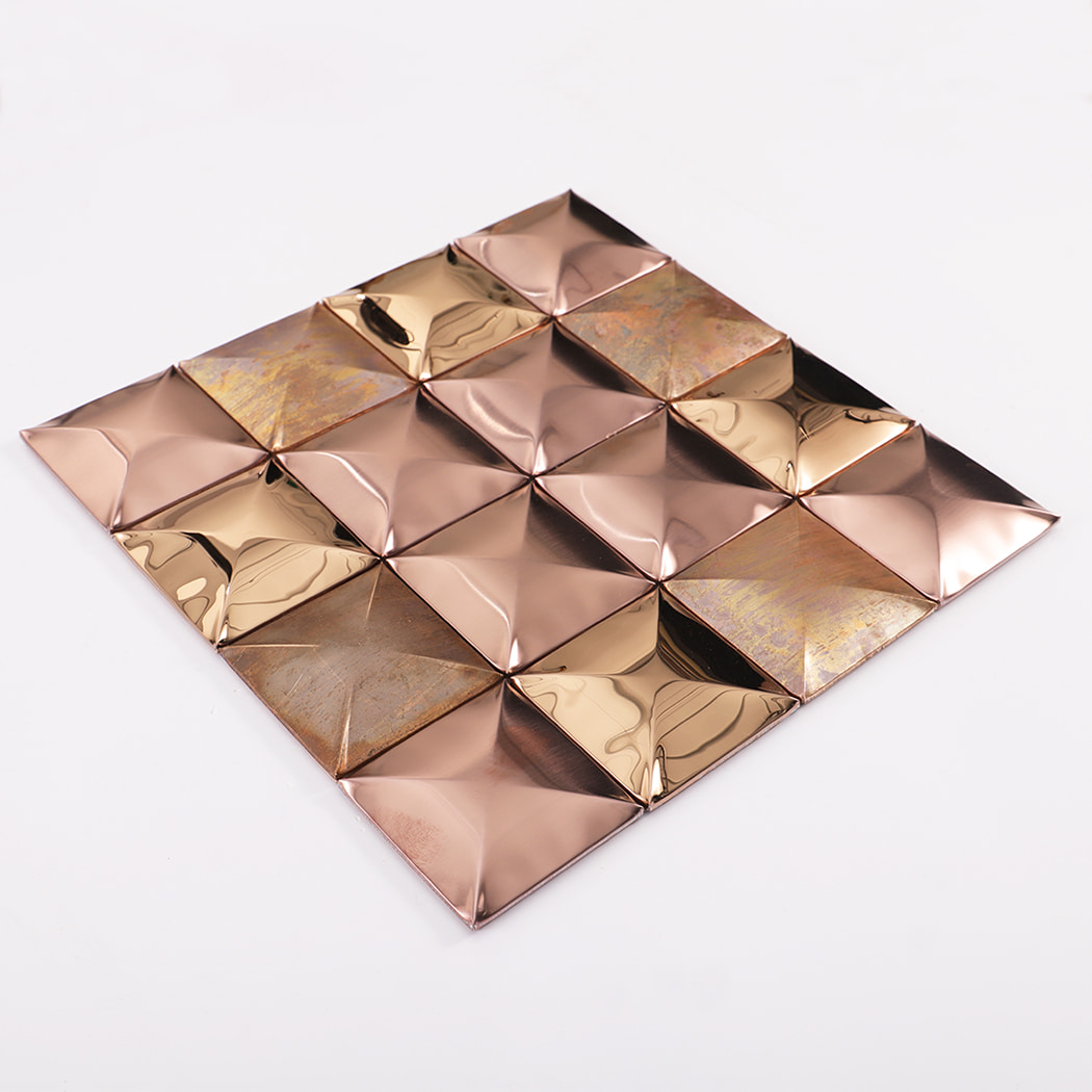 Layout display of rose gold and copper metal 3D mosaic wall tile.