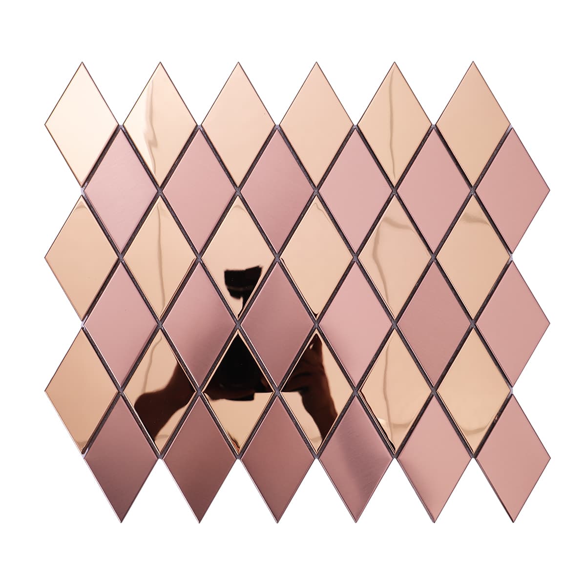 Rose gold diamond-shaped metal mosaic sheet with brushed and mirror finish