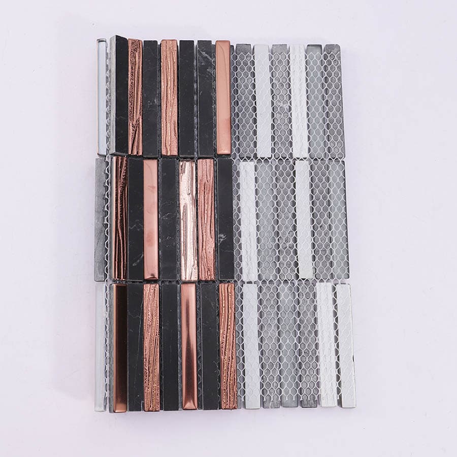 Back mesh of rose gold glass and black marble mosaic linear tile