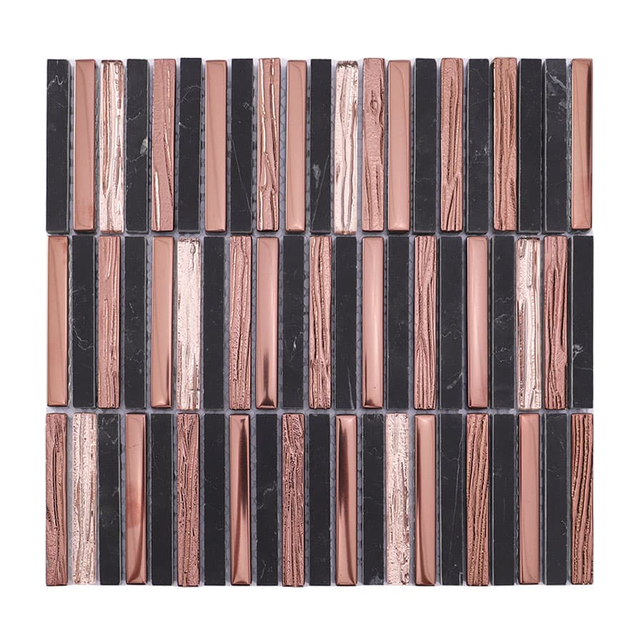 Front view of rose gold glass and black marble mosaic linear tile