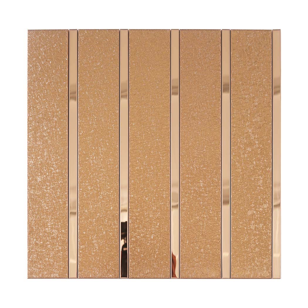 Rose gold glitter and glossy vertical stacked mosaic tile strips on white
