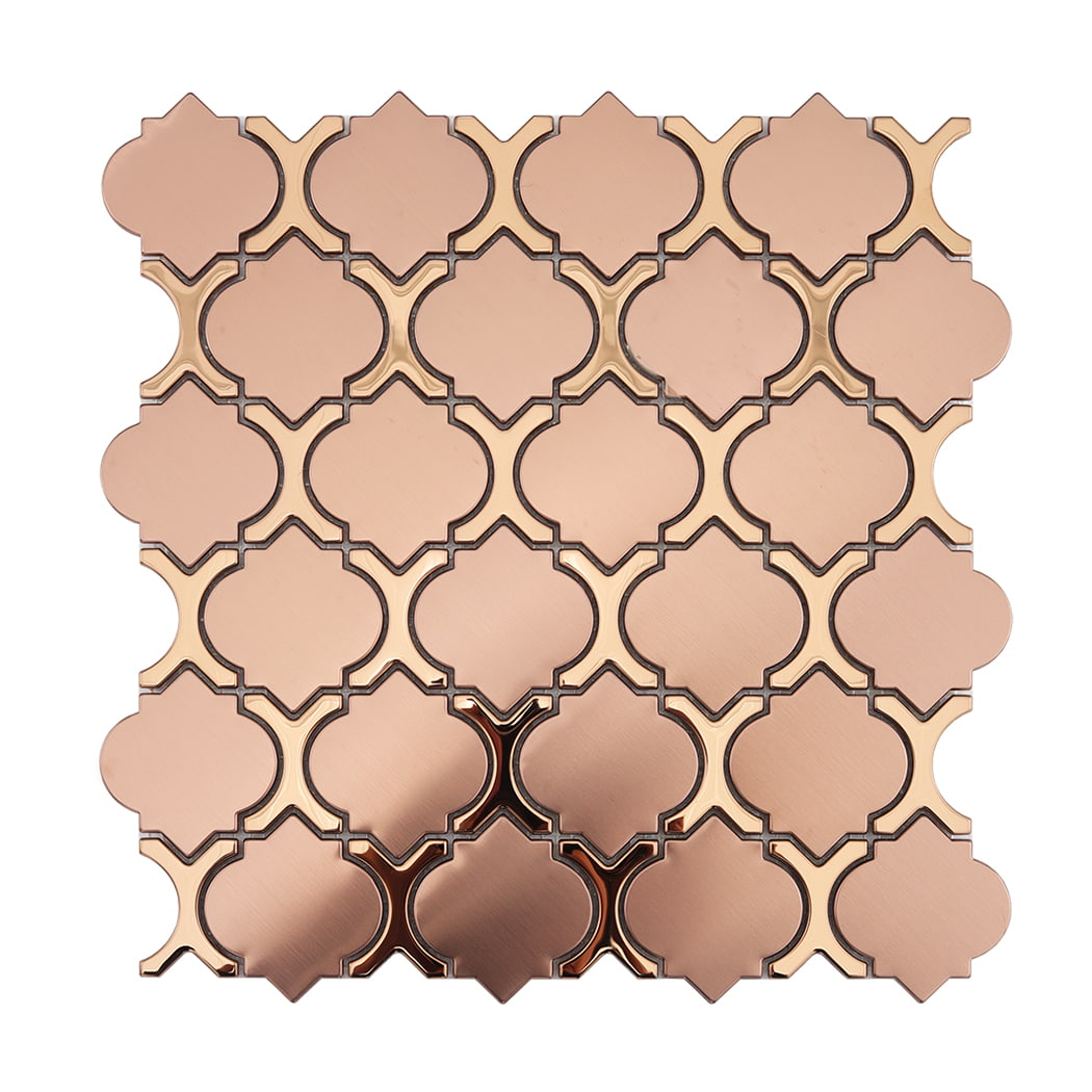 Full sheet of rose gold lantern shaped mosaic tiles with brushed and polished finishes.