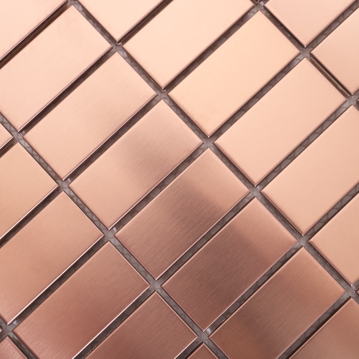 Detailed diagonal view of rose gold brushed stainless tile pattern