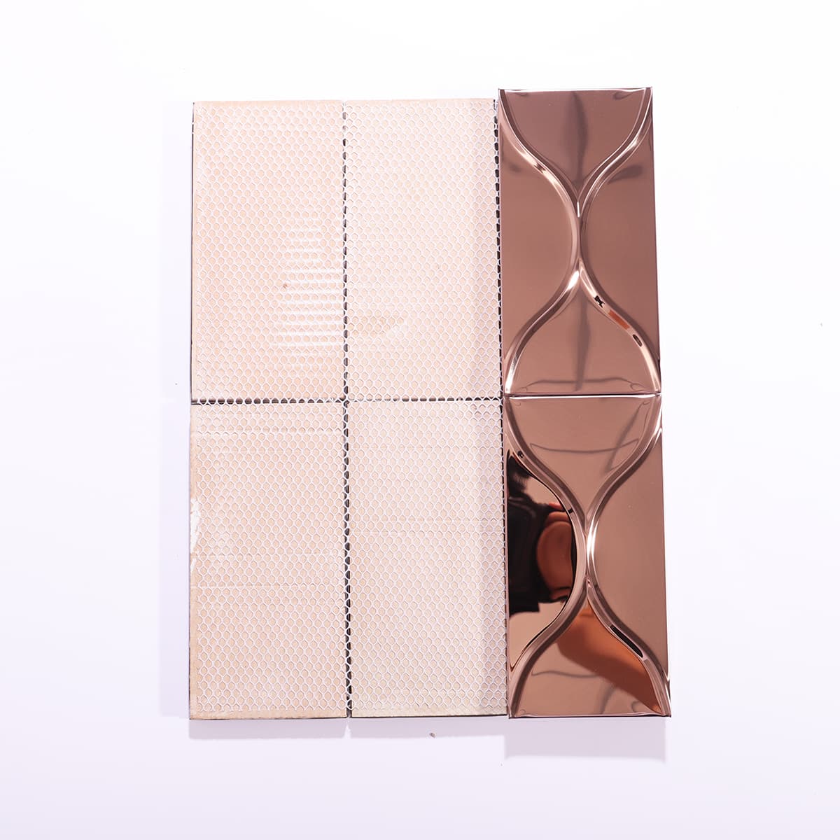 Back view of rose gold mirror 3D tile with mesh sheet attached