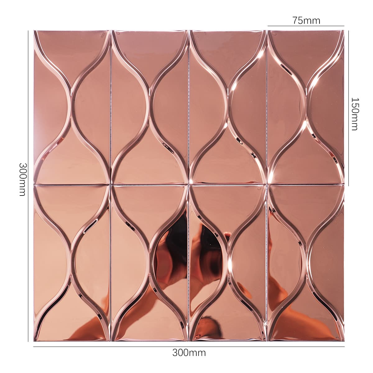 Front view of rose gold mirror 3D metal wall tile with size marks