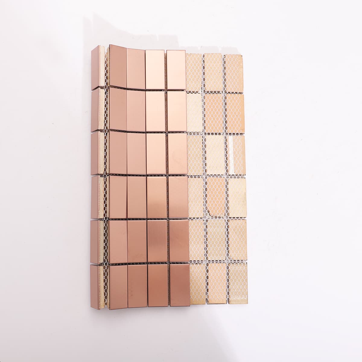 Rose gold stainless mosaic tile showing mesh backing