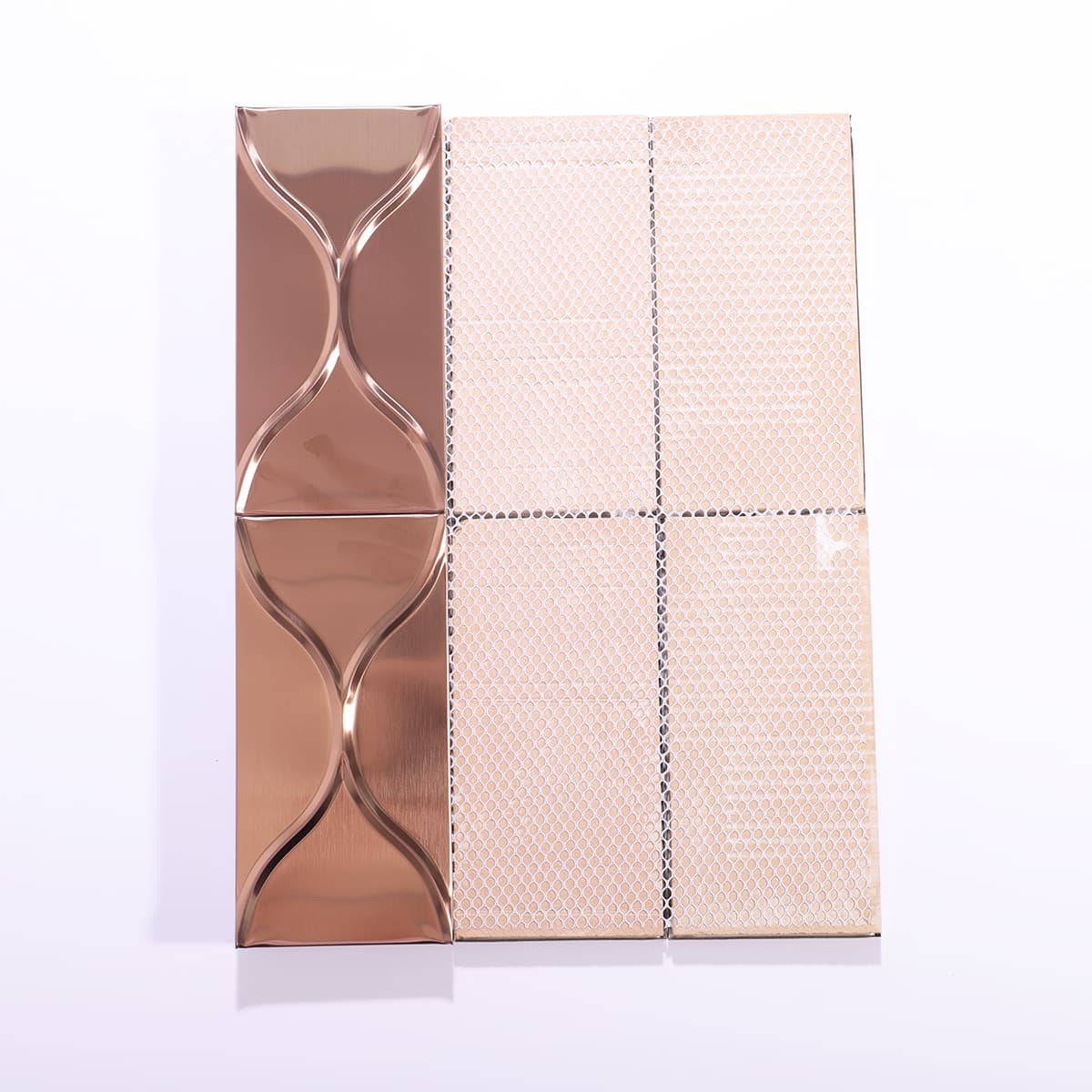Back view of rose gold wave tile with mesh backing for easy installation