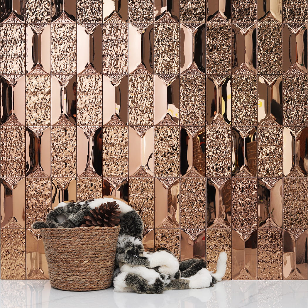Interior decor mockup featuring rose gold 3d wall tiles and a wicker basket.