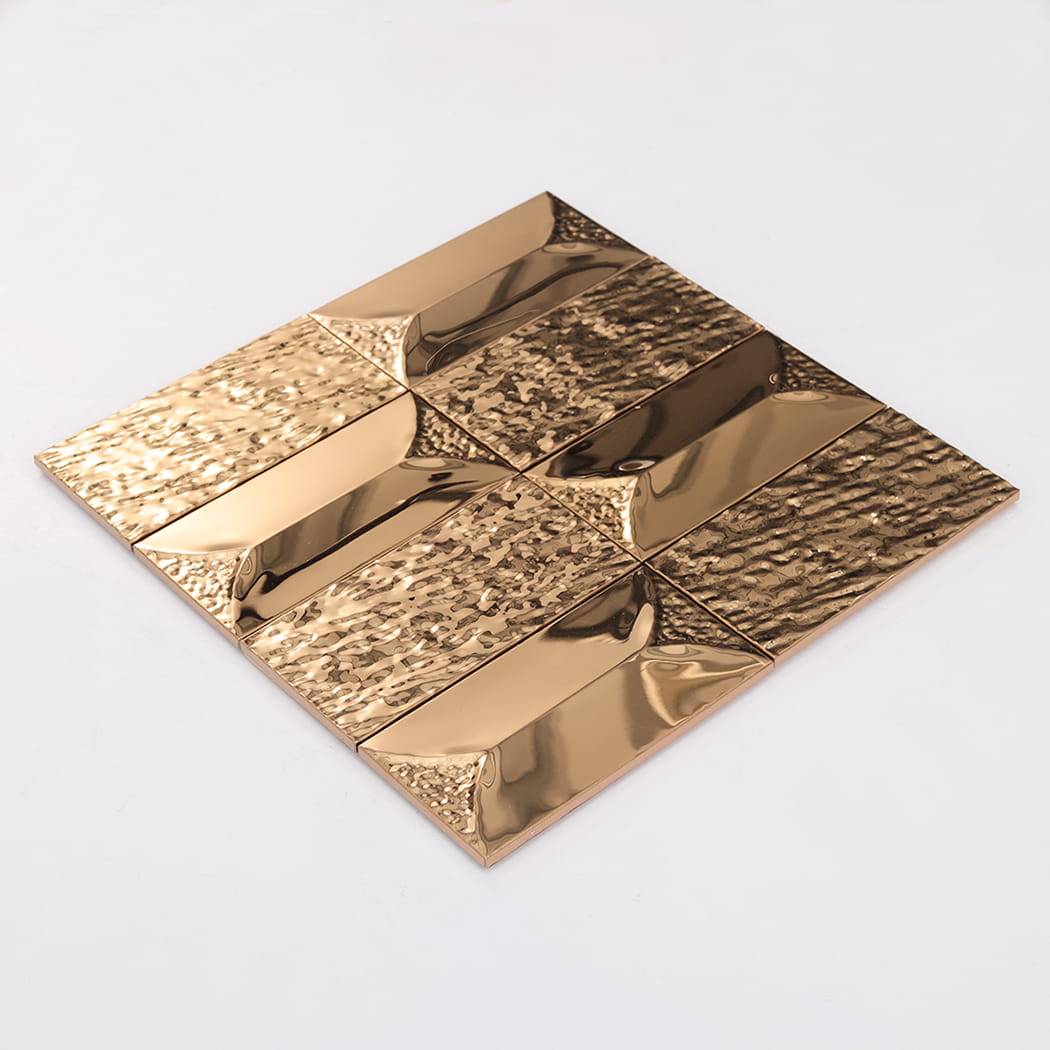 Perspective view of a rose gold 3d rectangle mosaic tile sheet on white background.