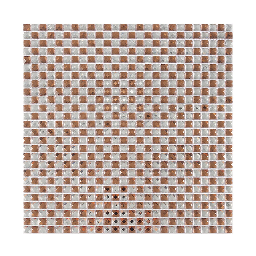 Front view of a rose gold and silver diamond glass mosaic in a checkerboard pattern.