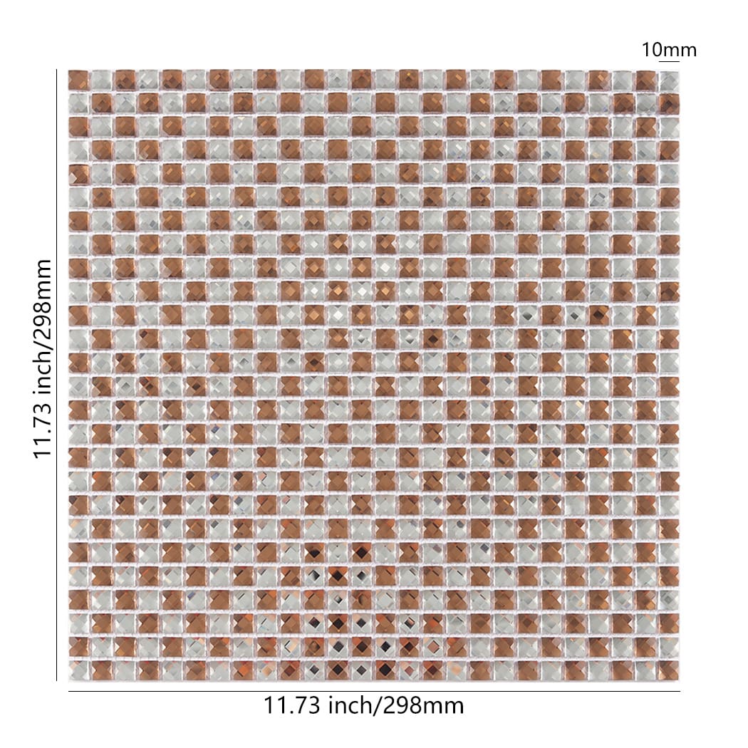 Rose gold and silver diamond glass square mosaic sheet with 11.73 inches dimensions.