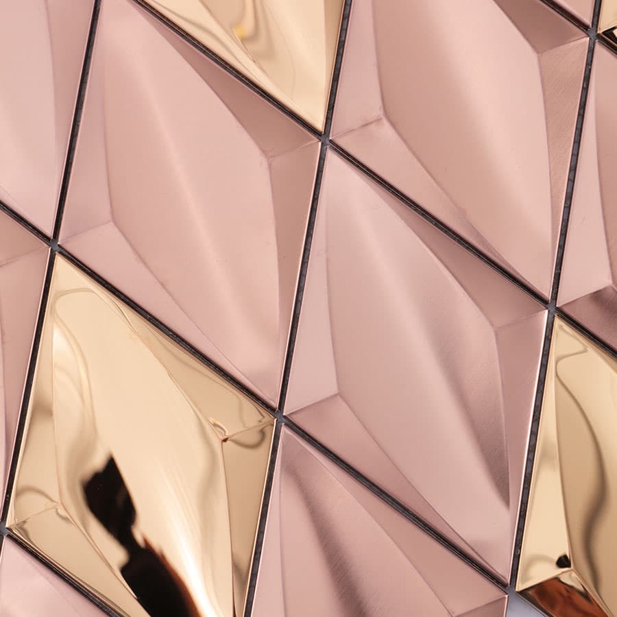Surface view of rose gold stainless steel 3D diamond mosaic tiles in sheet