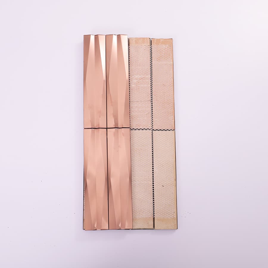 Back mesh design of rose gold stainless steel 3D wave strip mosaic tile