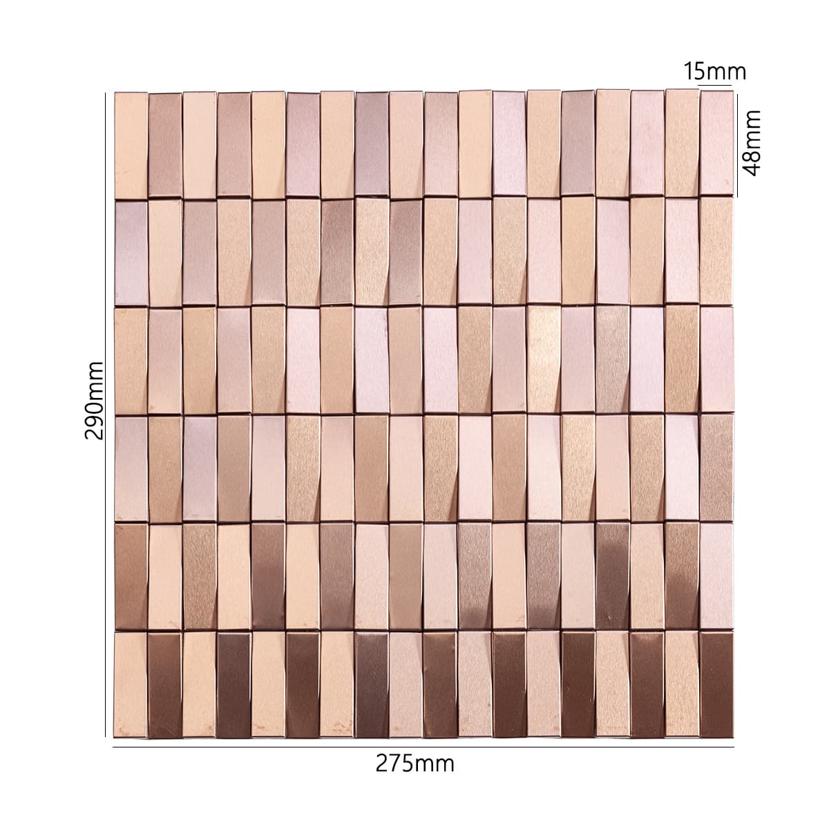 Dimensions of rose gold stainless steel long strip 3D mosaic tile sheet – 275×290mm